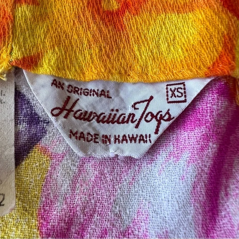 VTG Hawaiian Togs Barkcloth Tiki Mini Dress Bright Colorful Hibiscus Plumeria XS